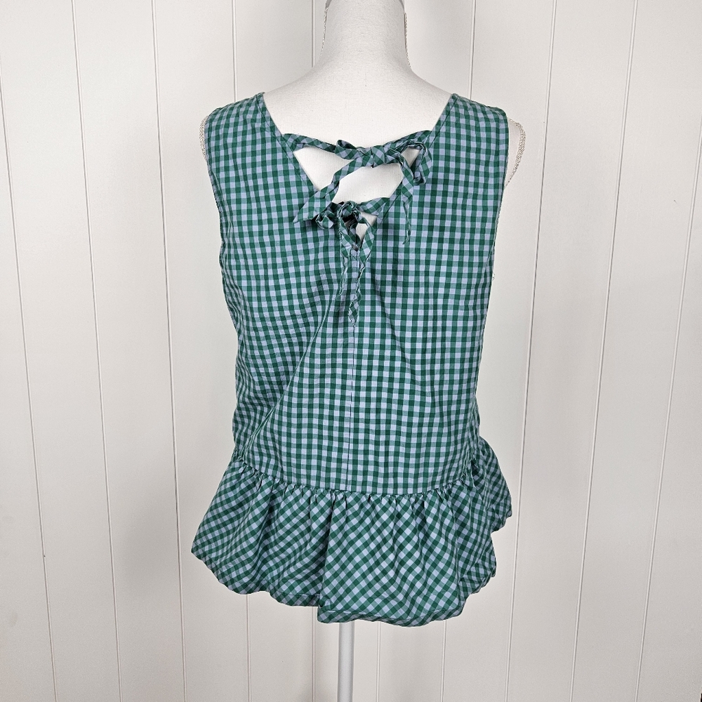 Medium J Crew Gingham Peplum Sleeveles Top Tank Bow Back Blue Green - Picture 3 of 9